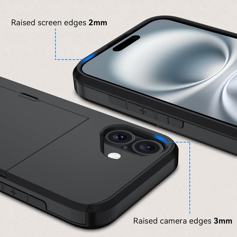 QMAY Compatible with iPhone 16 Plus Case with Card Holder, Dual Layer Shockproof,Heavy Duty Protective Hidden Slot Slim Wallet Phone Cover，Black - Image 4